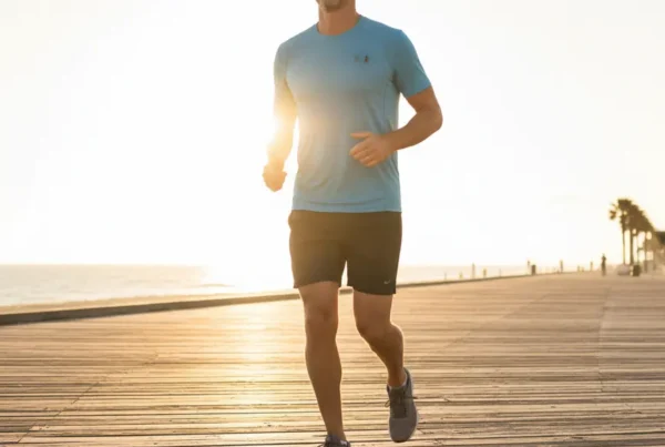 Man jogging on the Daytona Beach boardwalk, enjoying mobility after knee pain treatment.
