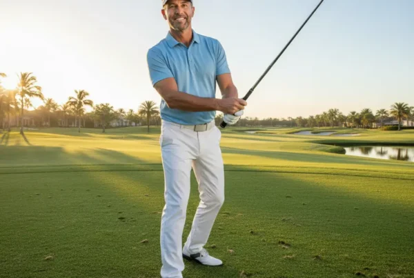 Man enjoying golf again after receiving non-surgical knee pain treatment for Dr. Phillips residents.