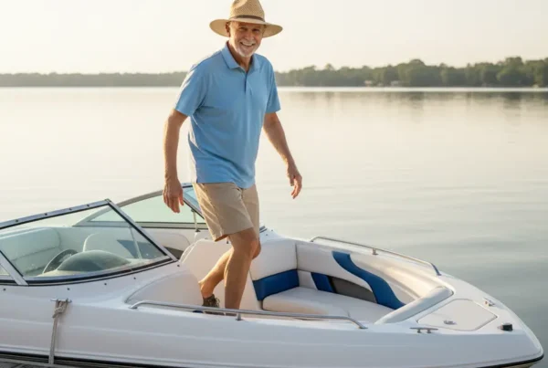 Active senior man confidently steps onto a boat after successful knee pain treatment in Eustis.