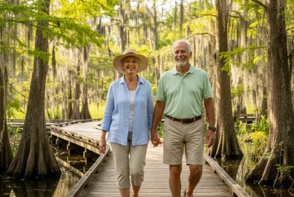 Active senior couple smiling while walking on a boardwalk after knee pain treatment.