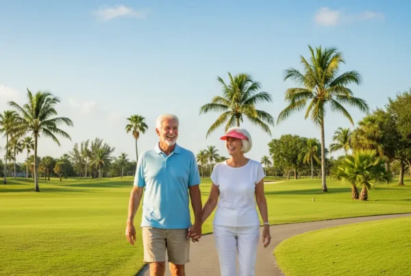 Senior couple walking on a golf course after knee pain treatment in Fruitland Park.