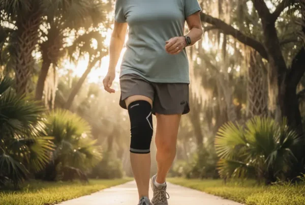Person walking confidently on a sunny trail after receiving non-surgical knee pain treatment in Harmony, FL.