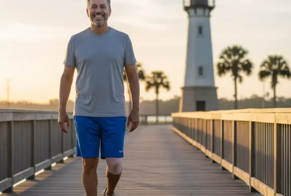 Man enjoying a walk at Kissimmee Lakefront after non-surgical knee pain treatment.
