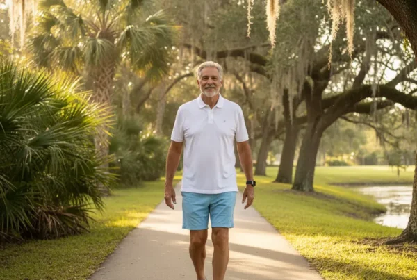 Older man enjoying a walk in a Longwood, Florida park after knee pain treatment.