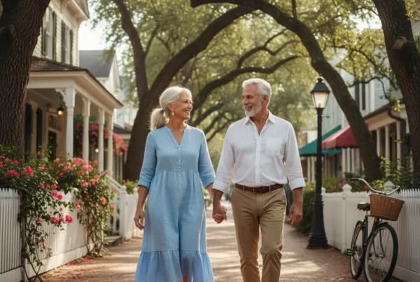 Older couple walking happily in Mount Dora after non-surgical knee pain treatment.