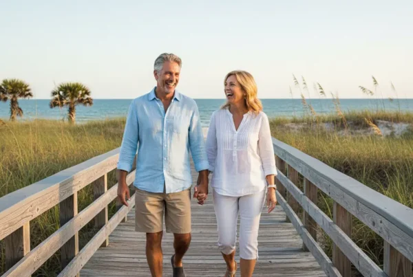 Active couple enjoying a pain-free walk on a boardwalk in New Smyrna Beach.