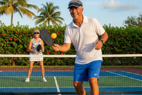 Active senior couple playing pickleball after non-surgical knee pain treatment in Poinciana.