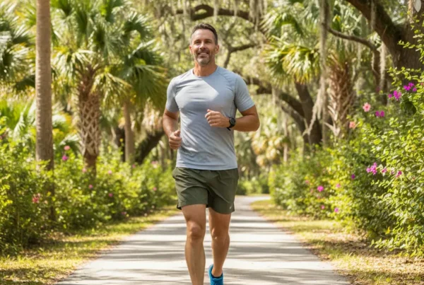Man jogging on a Seminole County trail after successful non-surgical knee pain treatment.
