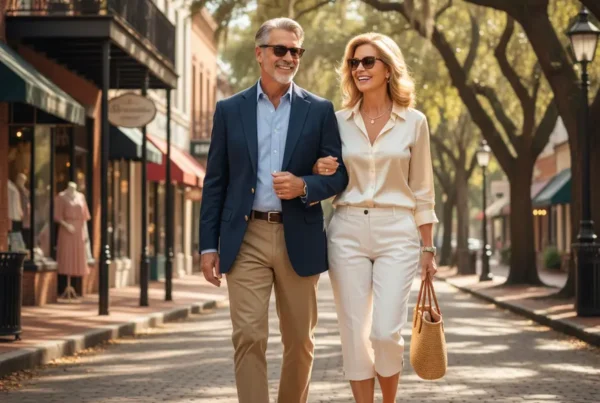 Active older couple walking happily on a sunny street in Winter Park, Florida.