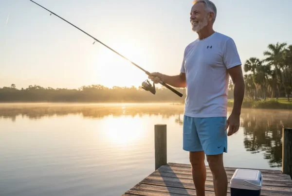 Man standing on a dock, fishing at sunrise after knee pain treatment in Umatilla.