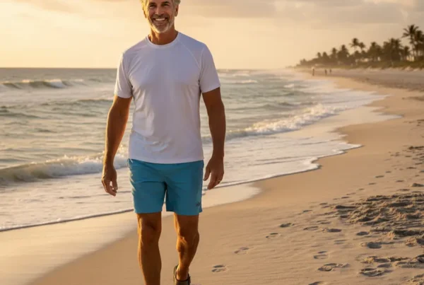 Man walking on a Volusia County beach after successful non-surgical knee pain treatment.