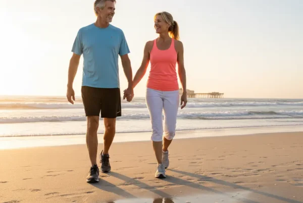 Active older couple walking on Daytona Beach after non-surgical knee pain treatment.