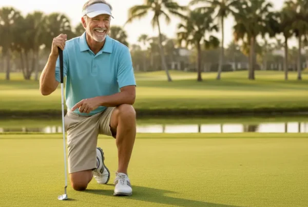 Active older man in golf attire kneeling comfortably on a sunny golf course.