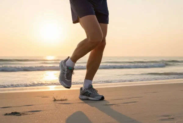 Close-up of a person's legs jogging on a Florida beach at sunrise.