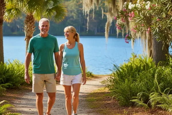 Active older couple smiling while walking on a lakeside trail in Lake County, Florida.