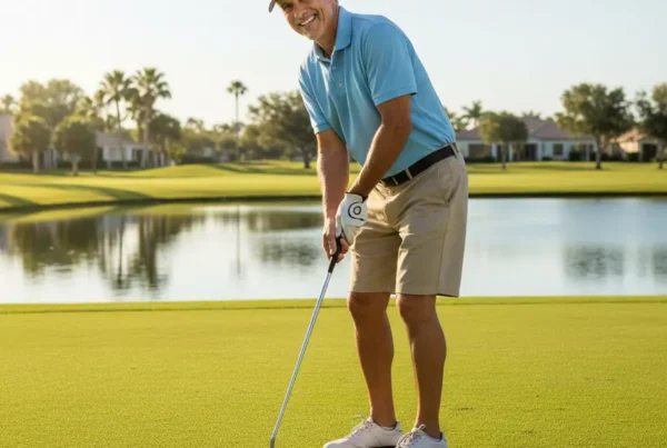 Man smiling on a Florida golf course after successful non-surgical knee pain treatment.