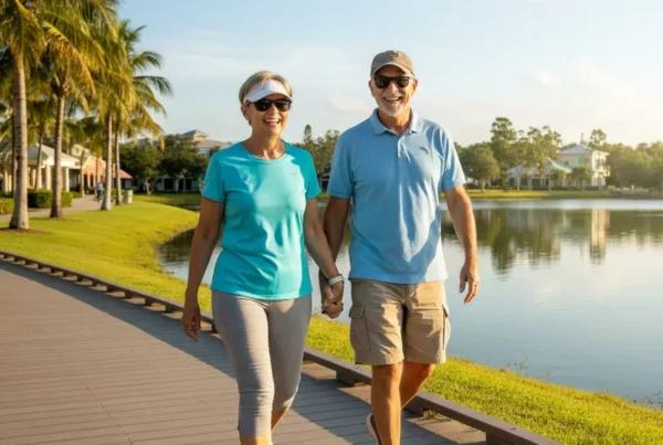 Active senior couple walking on a lakeside boardwalk, free from arthritis knee pain.