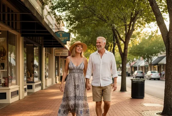 Happy couple walking pain-free in Downtown DeLand after non-surgical knee pain treatment.