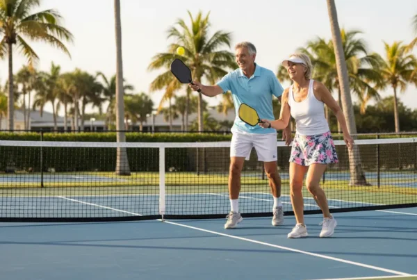 Active senior couple playing pickleball thanks to non-surgical arthritis knee pain treatment in Poinciana.