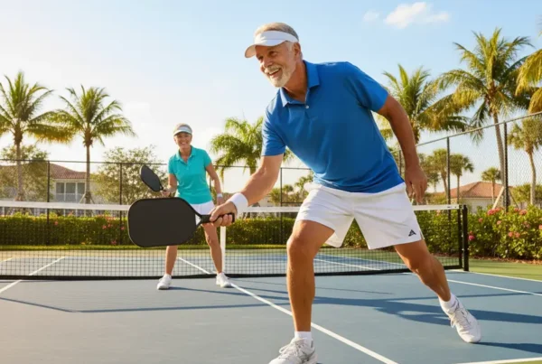 Active senior couple playing pickleball without knee pain in The Villages, Florida.