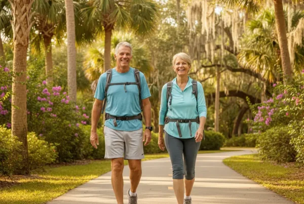 Couple walking on a park trail, enjoying mobility after non-surgical arthritis knee pain treatment.