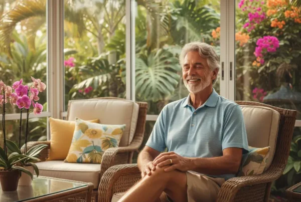 Senior man in a sunlit room looking at his knee with a hopeful expression.
