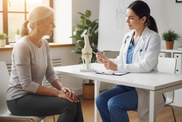 Provider discussing non-surgical knee joint pain treatment with a patient in a Florida clinic.