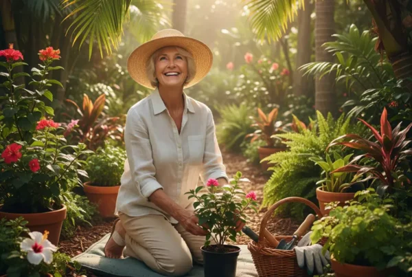 Older person smiling while gardening comfortably, free from knee pain after successful treatment.