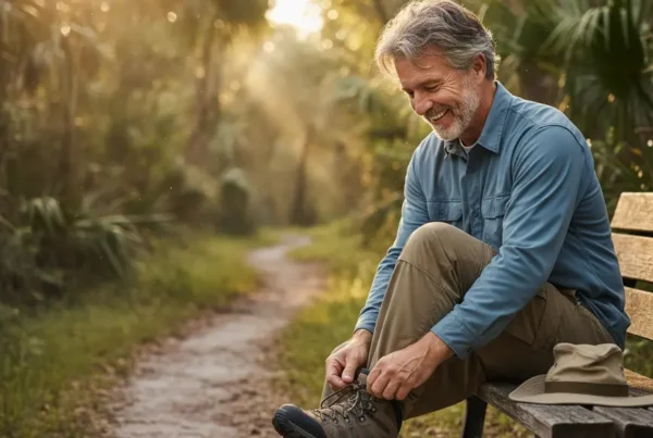 Man tying his hiking boot, ready for a trail after knee pain treatment in Apopka.
