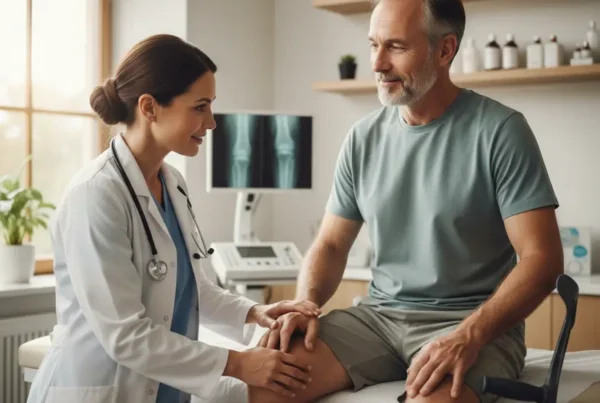 Doctor examining a patient's knee for non-surgical pain treatment in a Florida clinic.