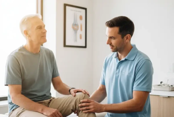 Medical provider examining a senior patient's knee in a clinic for non-surgical treatment.