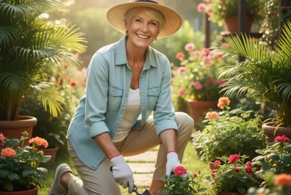 Active senior smiling and gardening comfortably thanks to non-surgical knee pain treatment.