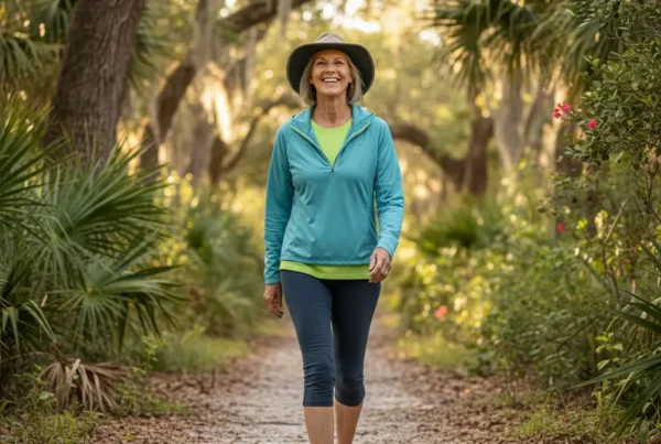 Person walking comfortably on a nature trail after non-surgical knee pain treatment in Bushnell.
