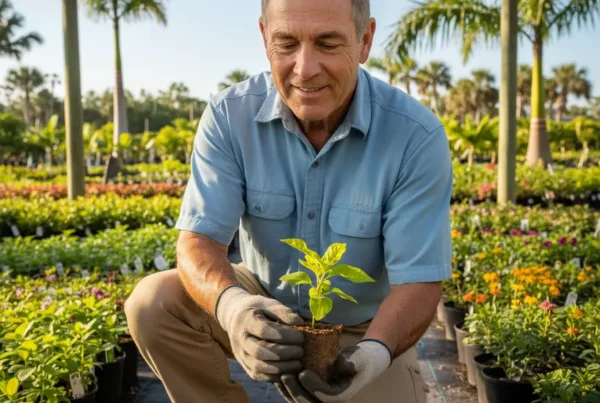 Man kneeling comfortably in a plant nursery after non-surgical knee pain treatment.