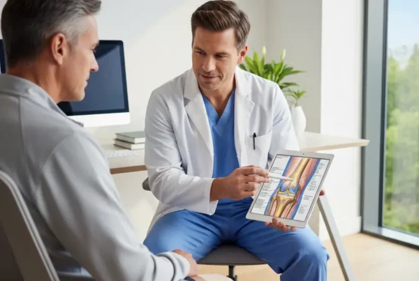 Provider explaining non-surgical knee pain treatment options on a tablet to a patient.