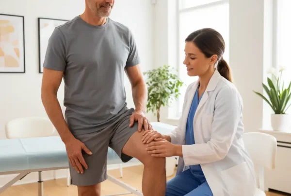 A medical provider examines a patient's knee during a non-surgical treatment consultation in Astatula.