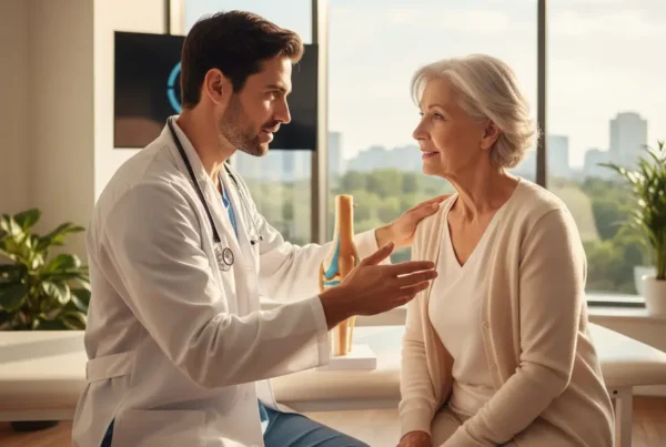 Doctor explaining non-surgical knee pain treatment options to a senior patient in a clinic.