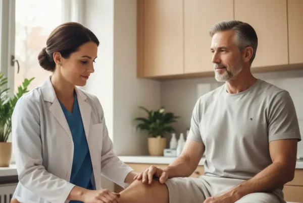 A medical provider examines a patient's knee during a consultation for non-surgical treatment.