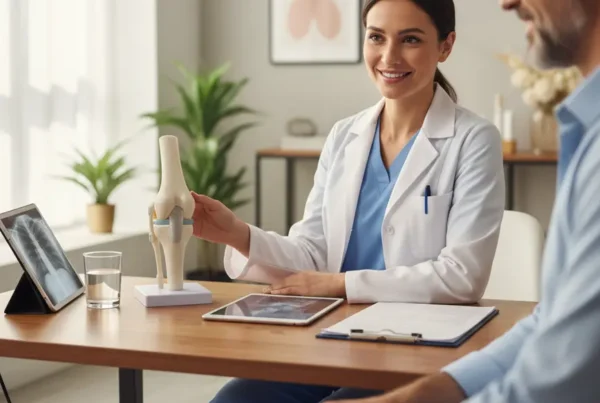 Medical provider discussing non-surgical knee pain treatment options with a patient in a clinic.