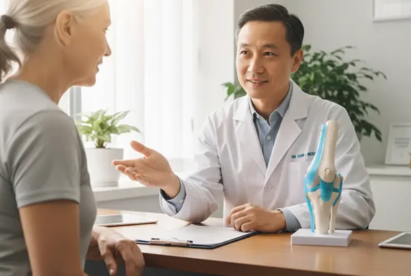 A specialist discussing non-surgical knee pain treatment with a patient using a knee model.