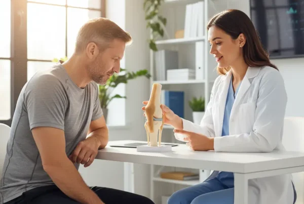 Doctor discussing non-surgical knee pain treatment with a patient using a knee model.