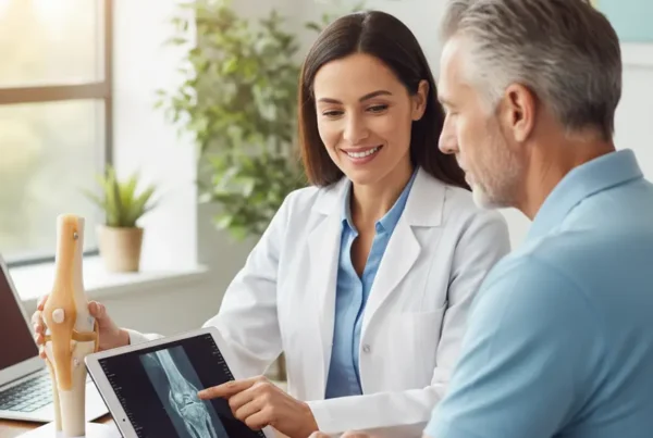 A doctor discusses non-surgical knee pain treatment with a patient using an anatomical model.