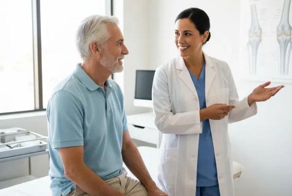 Senior man discussing non-surgical knee pain treatment options with his doctor in a clinic.