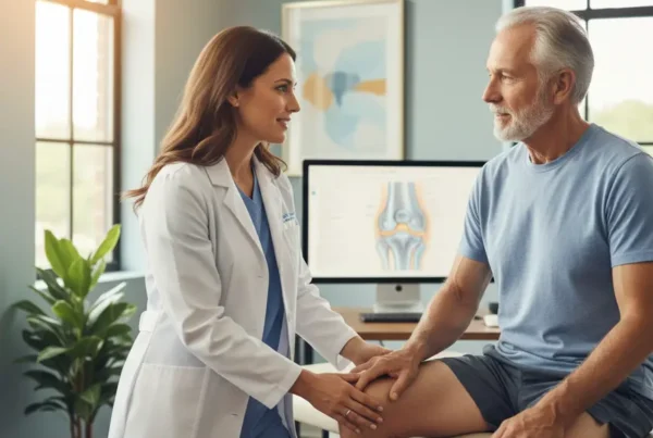 A doctor examines a senior patient's knee during a non-surgical knee pain treatment consultation.