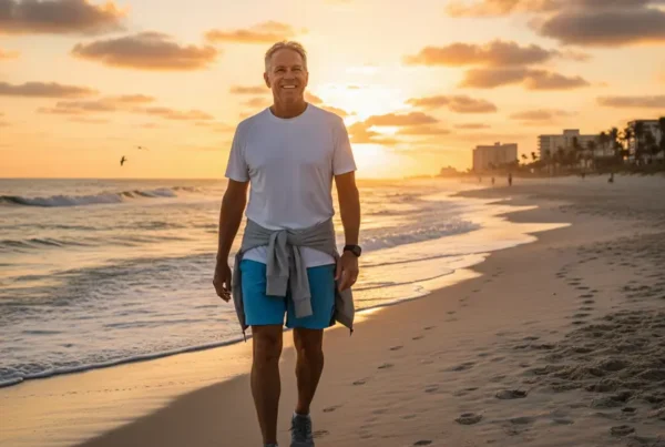 Man enjoying a pain-free walk on Daytona Beach after non-surgical knee treatment.