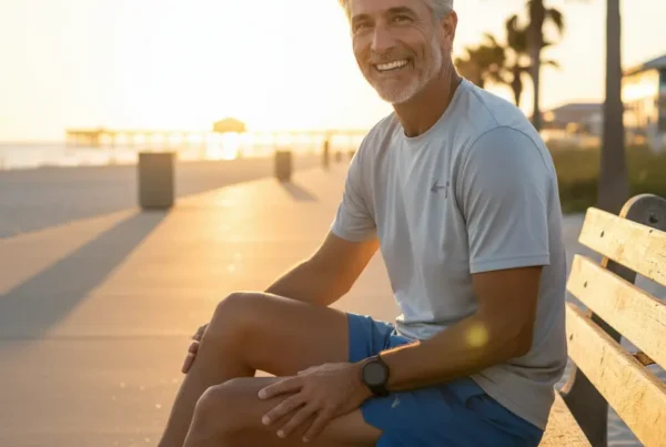 Man smiling on Daytona Beach boardwalk after successful non-surgical knee pain treatment.