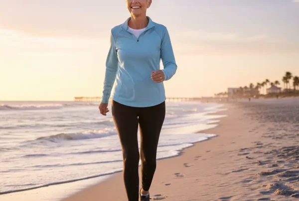 Person walking confidently on Daytona Beach after non-surgical knee pain treatment.