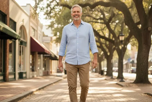 Man enjoying a pain-free walk on a sunny street after knee pain treatment.