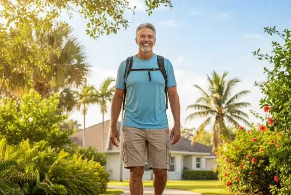 Man walking happily in a park after receiving non-surgical knee pain treatment in Deltona.