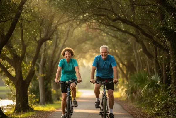 Active couple cycling on a Florida trail after non-surgical knee pain treatment in Deltona.